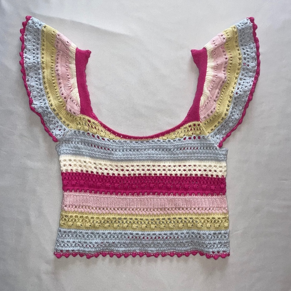 Crochet Striped Flutter Sleeve Crop Top - Pink, Yellow, Cream, Gray